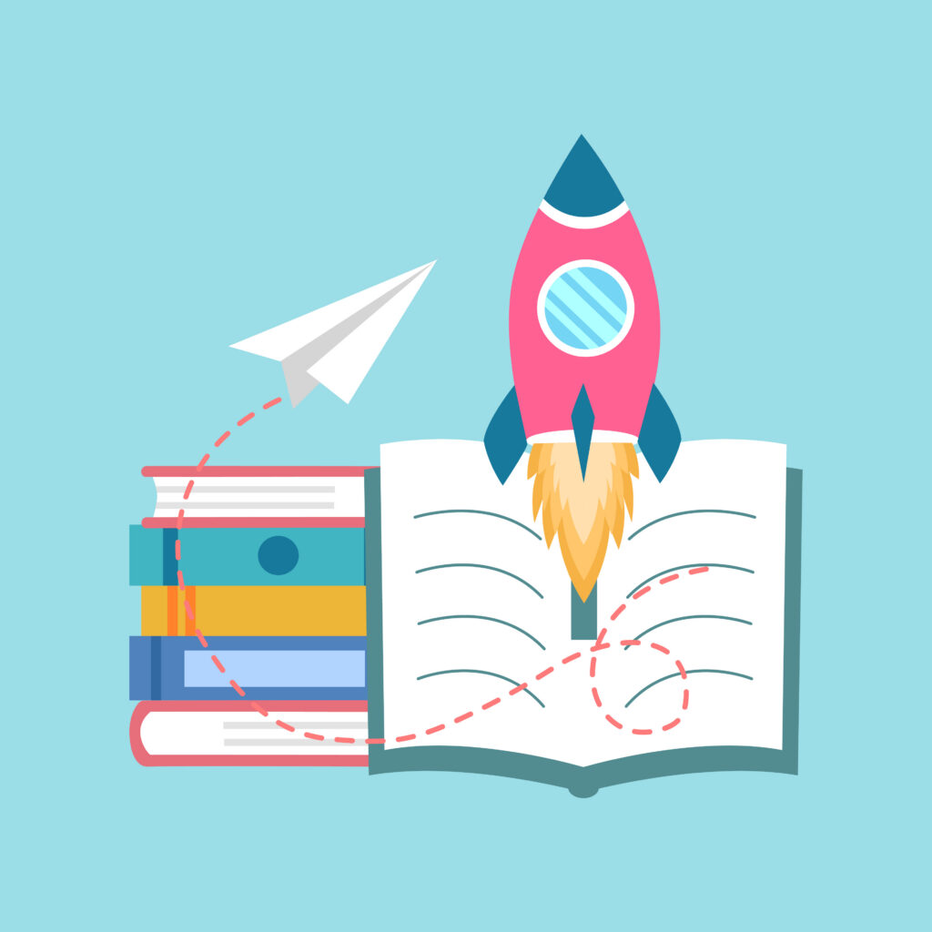 Rocket flying from textbook with stack of books and paper plane in flat design World book day concept vector illustration